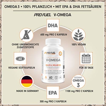 Omega-3 vegan aus Algenöl [1.100 mg] | hochdosiert - 300 EPA and 600 DHA | hochwertiges Omega-3 Öl in Kapseln (vegan) | Besser als Fischöl! V-OMEGA - 60 Kapseln - 3