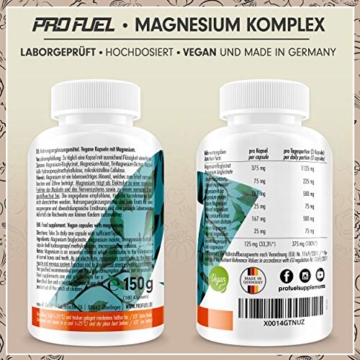 ProFuel Magnesium Komplex Kapseln, hochdosiert | mit 375 mg ELEMENTAREM Magnesium | Made in Germany, 100% Vegan | Magnesium-Bisglycinat, Magnesium-Malat & Magnesium-Citrat | 180 Kapseln (60 Tage) - 3